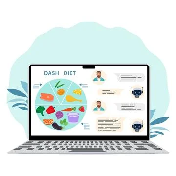 Dash diet chart on laptop screen with infographic and chat messages, health.. Stock Illustration
