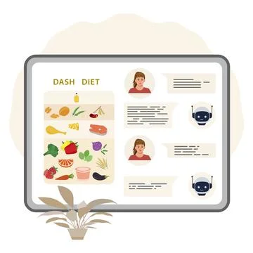 Dash diet diagram on screen with chat messages and robot icons, including w.. Stock Illustration