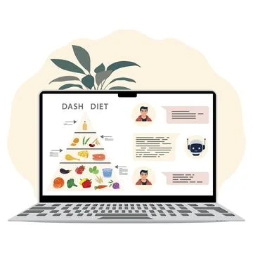 Dash diet pyramid on laptop screen with chatbot conversation and leafy plan.. 스톡 일러스트