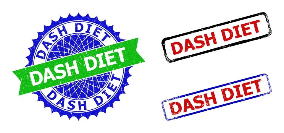 DASH DIET Rosette and Rectangle Bicolor Watermarks with Scratched Textures Stock Illustration