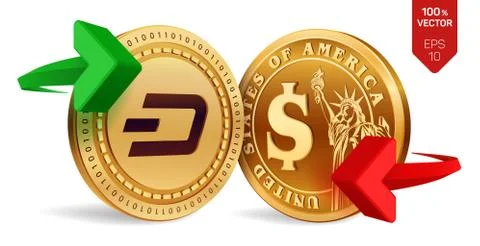 Dash to dollar currency exchange. Dash. Dollar coin. Cryptocurrency. Golden c Stock Illustration