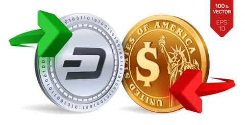Dash to dollar currency exchange. Dash. Dollar coin. Cryptocurrency. Golden a Illustrazione stock