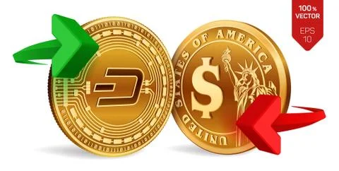 Dash to dollar currency exchange. Dash. Dollar coin. Cryptocurrency. Golden c Stock Illustration