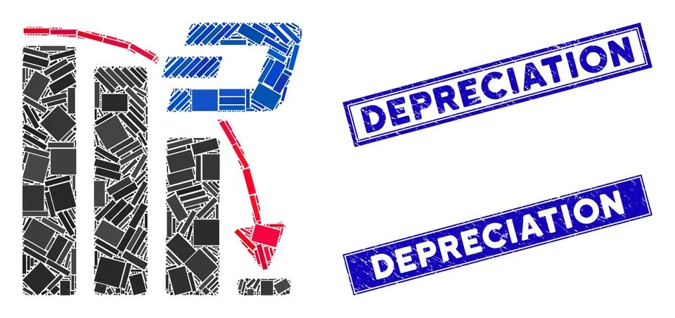 Dash Falling Acceleration Chart Mosaic and Distress Rectangle Depreciation Seals Stock Illustration