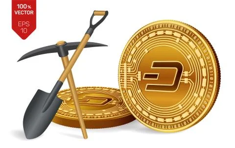 Dash mining concept. 3D isometric Physical bit coin with pickaxe and shovel.  Stock Illustration