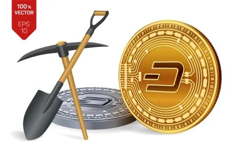 Dash mining concept. 3D isometric Physical bit coin with pickaxe and shovel.  Stock Illustration