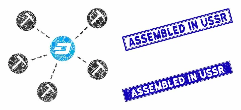 Dash Mining Network Mosaic and Grunge Rectangle Stamps Stock Illustration