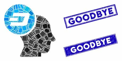 Dash Thinking Head Mosaic and Scratched Rectangle Goodbye Stamp Seals Stock Illustration