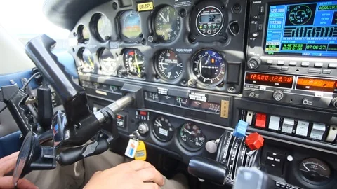 Dashboard in the aircraft, pilot's steering wheel in the cockpit Stock Footage