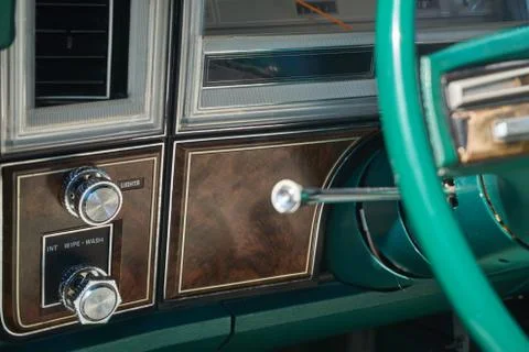 Dashboard and steering column of an old vehicle Stock Photos