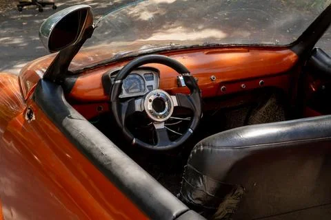 Dashboard and Steering Wheel of Custom Vintage Convertible Car Fotos Stock