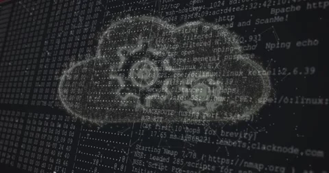 Dashboard animating holographic cloud streaming binary code with rotating gear Stock Footage 327902293