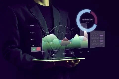 Dashboard Application on screen with businessman analytics data, charts and.. Stock Photos