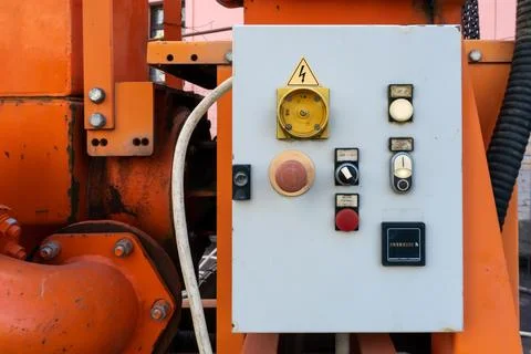 Dashboard with buttons and toggle switches at the pumping station for pumpi.. Stock Photos
