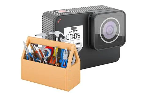 Dashboard camera with toolbox. Service and repair of dash am DVR, 3D renderin 스톡 일러스트