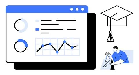 Dashboard with charts and graphs, graduation cap, and student packing books.  Stock Illustration