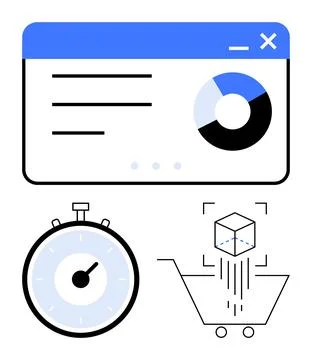 Dashboard with Circular Chart, Timer, and Shopping Cart with 3D Cube for Ti.. Stock Illustration