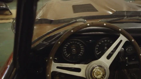 Dashboard of the Classic Jaguar E-type Car. Car Ready to Restore Stock Footage 77926889
