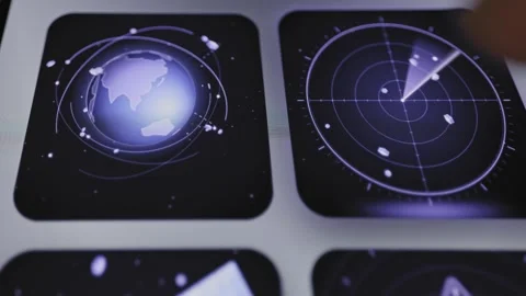 Dashboard combines globe radar and tracking controls Video stock 342496638