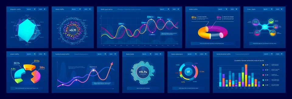 Dashboard data charts, graphs and info diagrams Illustrazione stock
