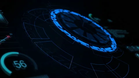 Dashboard data report with blue circle rotation and HUD graph report percentage Stock Footage 139585019