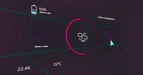 Dashboard detecting speed jump displaying battery usage graph, speed changing Stock Footage 319889199