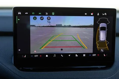 Dashboard display screen with multimedia and 360 camera view in a new luxury Stock Photos