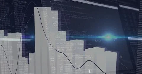 Dashboard displaying 3D white bar chart with overlaying line graph, code Stock Illustration