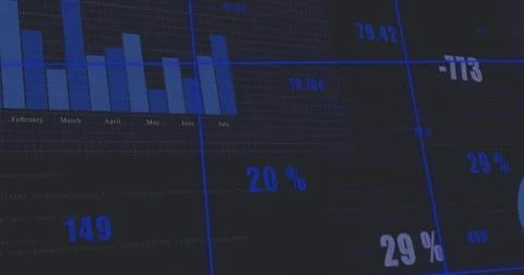 Dashboard displaying bar chart, metrics and month labels on office monitor, with Stock Illustration
