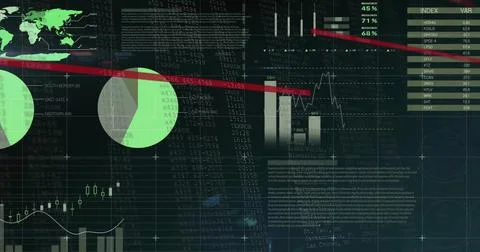 Dashboard displaying charts in trading interface, with world map, pie charts, 스톡 일러스트