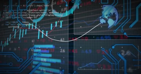 Dashboard displaying code snippet, candlestick bars, trend lines and world map Stock Footage 309109945