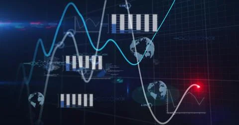 Dashboard displaying data charts in interface, with grid overlay, globes, code Stock Photos