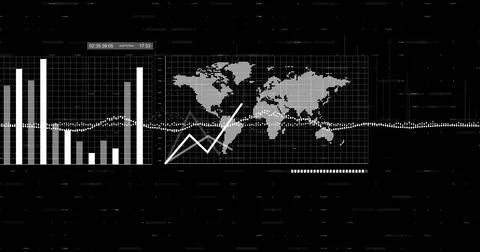 Dashboard displaying on digital interface, with bar and line charts, map, Stock Illustration