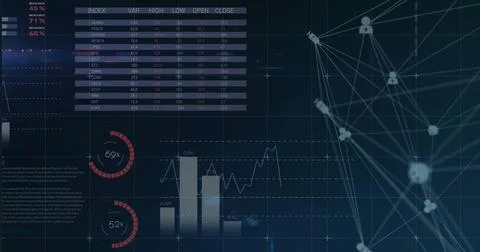 Dashboard displaying index table, gauge, bar and line charts on dark screen, Stock Illustration