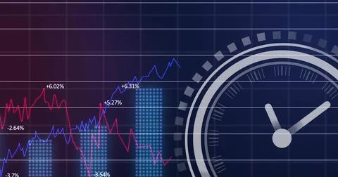 Dashboard displaying red and blue line charts on dark grid, with analog clock Stock Illustration
