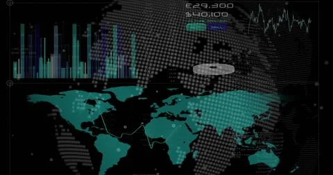 Dashboard displaying teal world map on dark interface, with bar chart, ring 스톡 사진