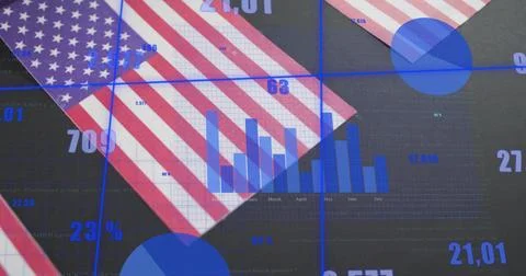 Dashboard displaying US flag shapes in UI, with monthly bar chart, pie chart, Stock Illustration