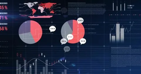Dashboard displaying visuals on dark UI, with world map, pie charts, bar-line Stock Illustration