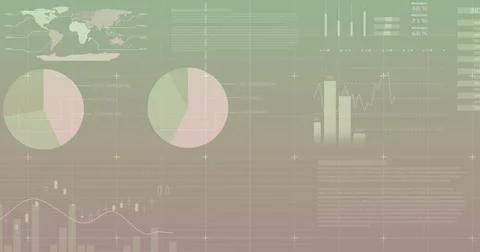 Dashboard displaying world map, pie charts, bar graphs, trend graphs and numeric Stock Photos