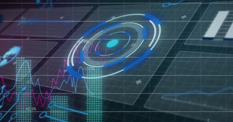 Dashboard emerging triggers rotating rings pulsing line graphs and updating bars Stock Footage 309681757