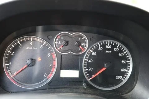 Dashboard gauges overview. Focus on dashboard instruments representing speed and Stock Photos