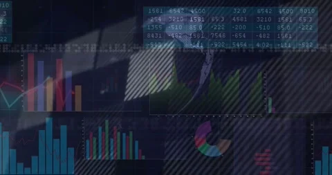 Dashboard globe emerging mid, charts animating, table scrolling, globe Stock Footage 332288764