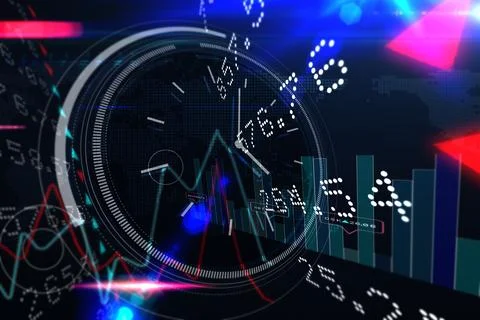 Dashboard HUD dial is displaying red, cyan line graphs, teal bars, map overlay Stock Illustration
