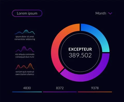 Dashboard infographic user interface. Data visualization pie chart, workflow Illustrazione stock