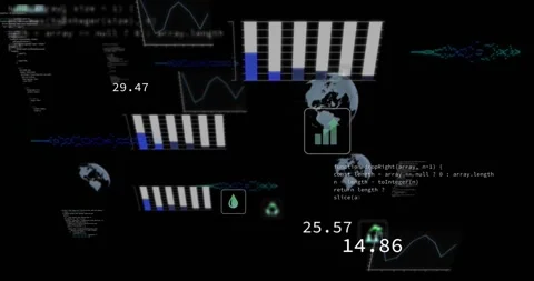 Dashboard initializing loading neon icons, scrolling code and animating charts Stock Footage 329110890