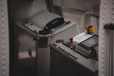 Dashboard inside of the cabin funicular cable railway train. Stock Photos