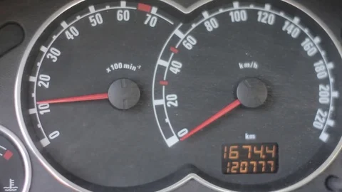 Dashboard instruments showing revs. tachometer with the pointer Stock Footage 79777236