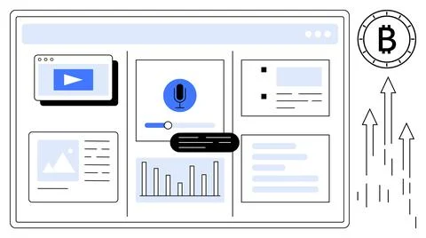 Dashboard interface displaying video player, audio recorder, Bitcoin symbol,  Illustrazione stock
