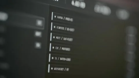 Dashboard interface listing various data technology components and system Stock Footage 331123380