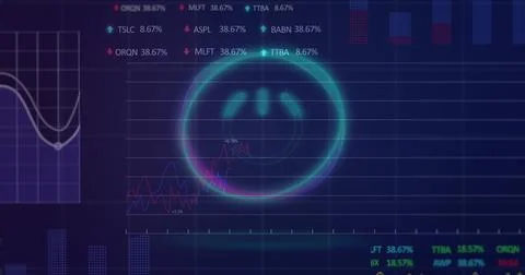 Dashboard interface showing glowing cyan circle with smile pattern, magenta blue Stock Photos